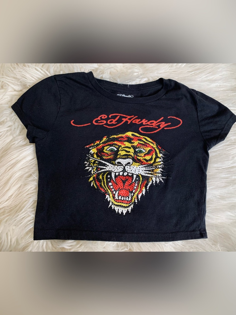 Ed Hardy Tiger Head Rhinestone Baby Tee Black Red Size Medium